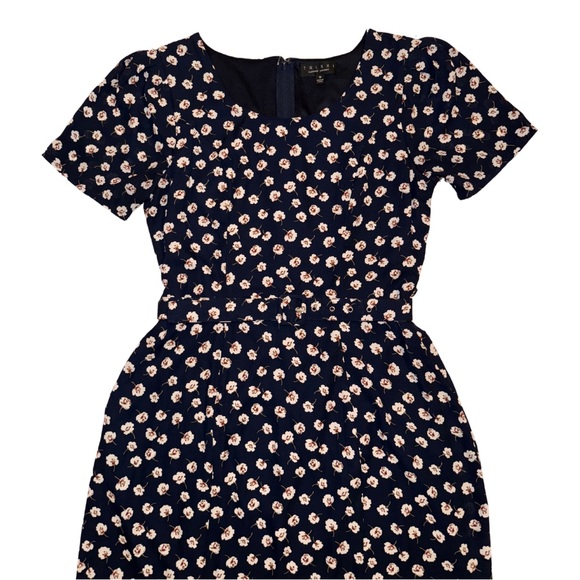 TRIXXI Navy Blue Floral Print Short Sleeve Belted Midi Dress Juniors Size M - Picture 2 of 4